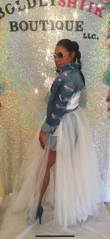 White Denim Tulle Skirt