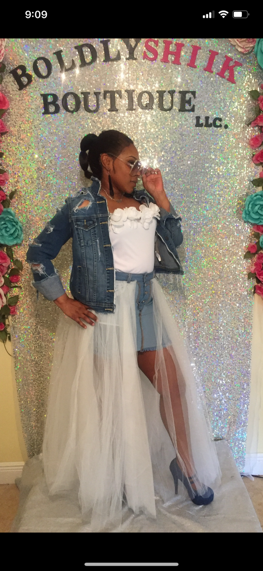 White Denim Tulle Skirt